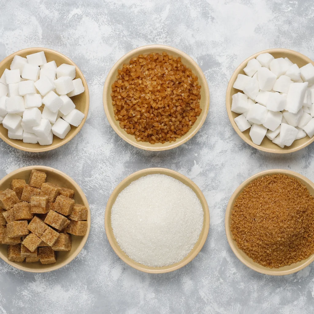 various-types-sugar-brown-sugar-white-concrete-top-view